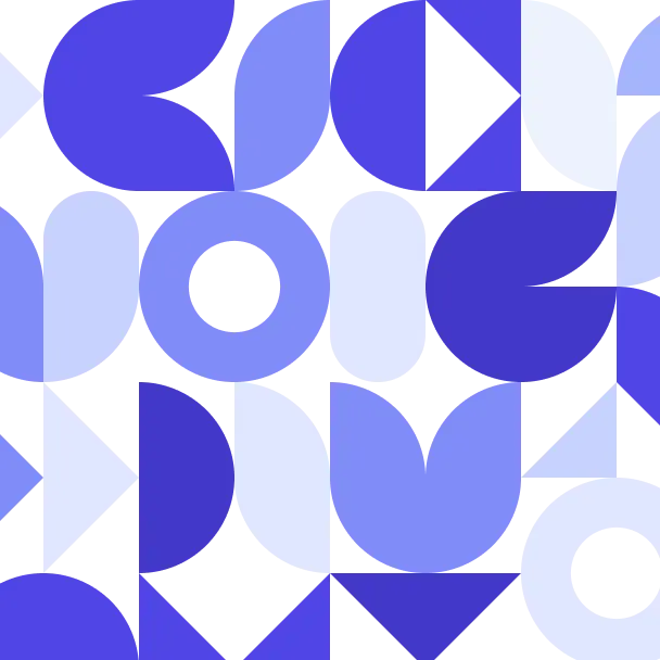 An abstract geometric pattern with repeating blue and light purple shapes, including circles, semi-circles, and triangles, creating a mosaic-like design.