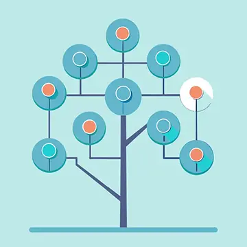 Illustration of a tree with blue circular nodes connected by lines. Some nodes contain smaller orange and white circles. The background is a light teal color.