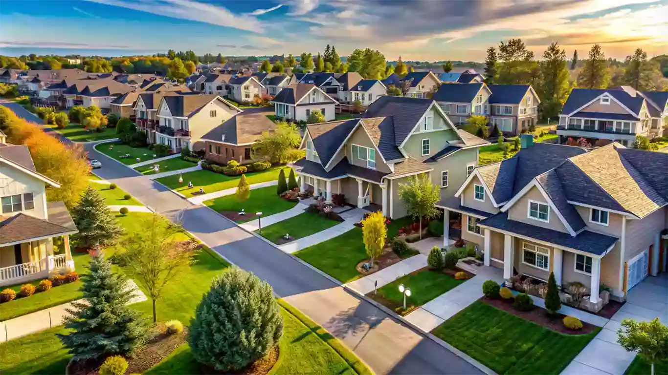 Aerial view of a suburban neighborhood with well-maintained houses and greenery, representing a homeowner association community.