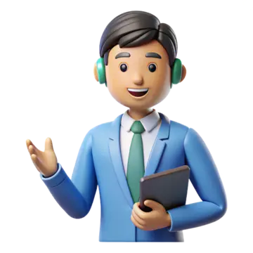 Animated man in a suit holding a laptop with three profile pictures of diverse individuals in bubbles around him, suggesting a networking or communication concept.