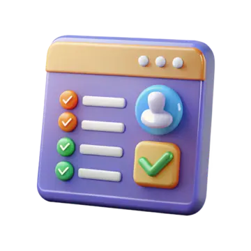 3D illustration of a digital dashboard with user profiles, tasks, and checkmarks, surrounded by icons and topped with three stars.