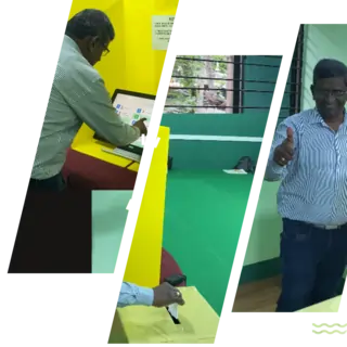 Man voting using kudvo phygital voting system using VVPAT system.