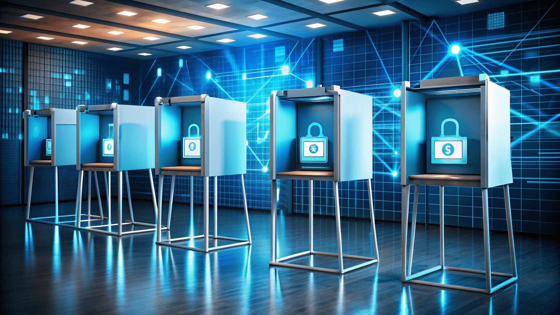 A futuristic voting booth setup featuring secure lock icons on screens, arranged in a well-lit room with a digital grid background