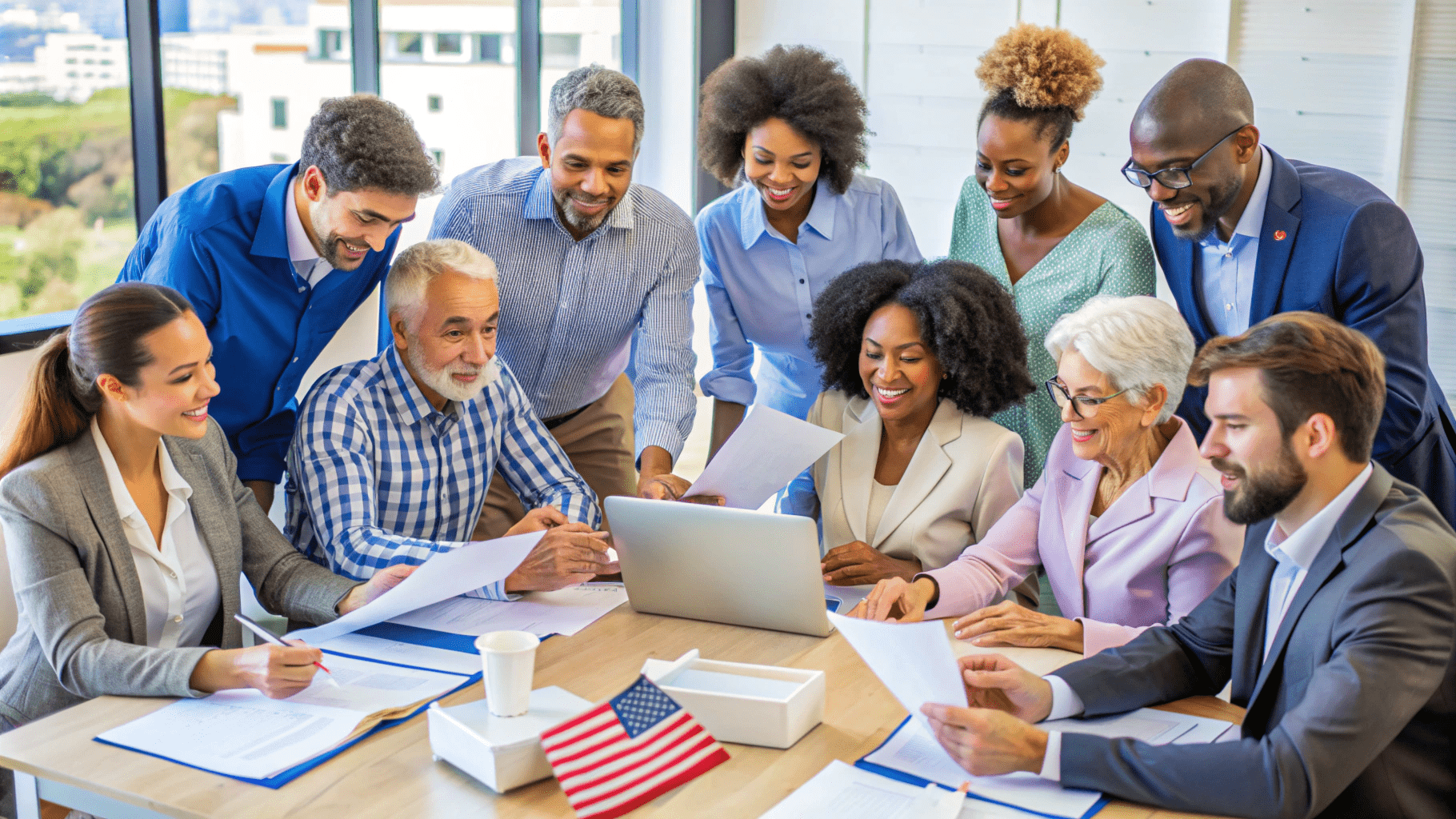 A diverse group of people are gathered around a table, looking at various papers and a laptop, collaborating in a brightly lit office. An American flag is placed on the table.