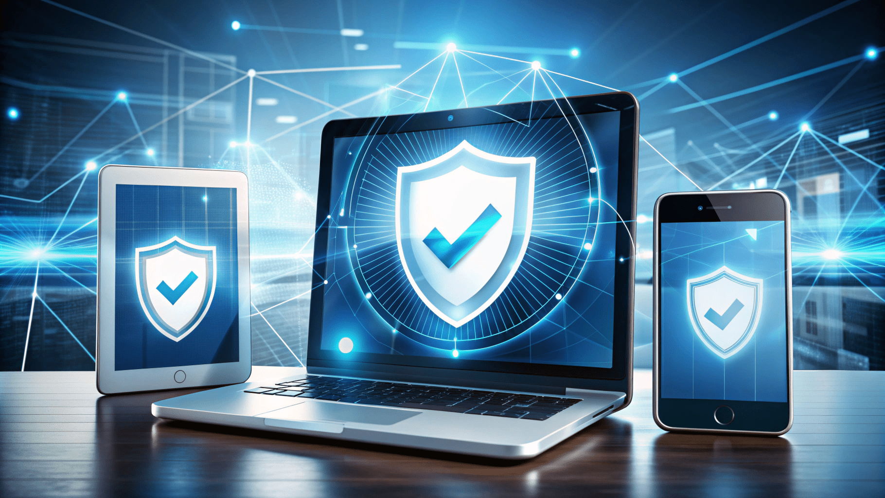 A laptop, tablet, and smartphone displaying security shields with check marks, symbolizing digital protection, are placed on a desk with a background of interconnected network lines and nodes.