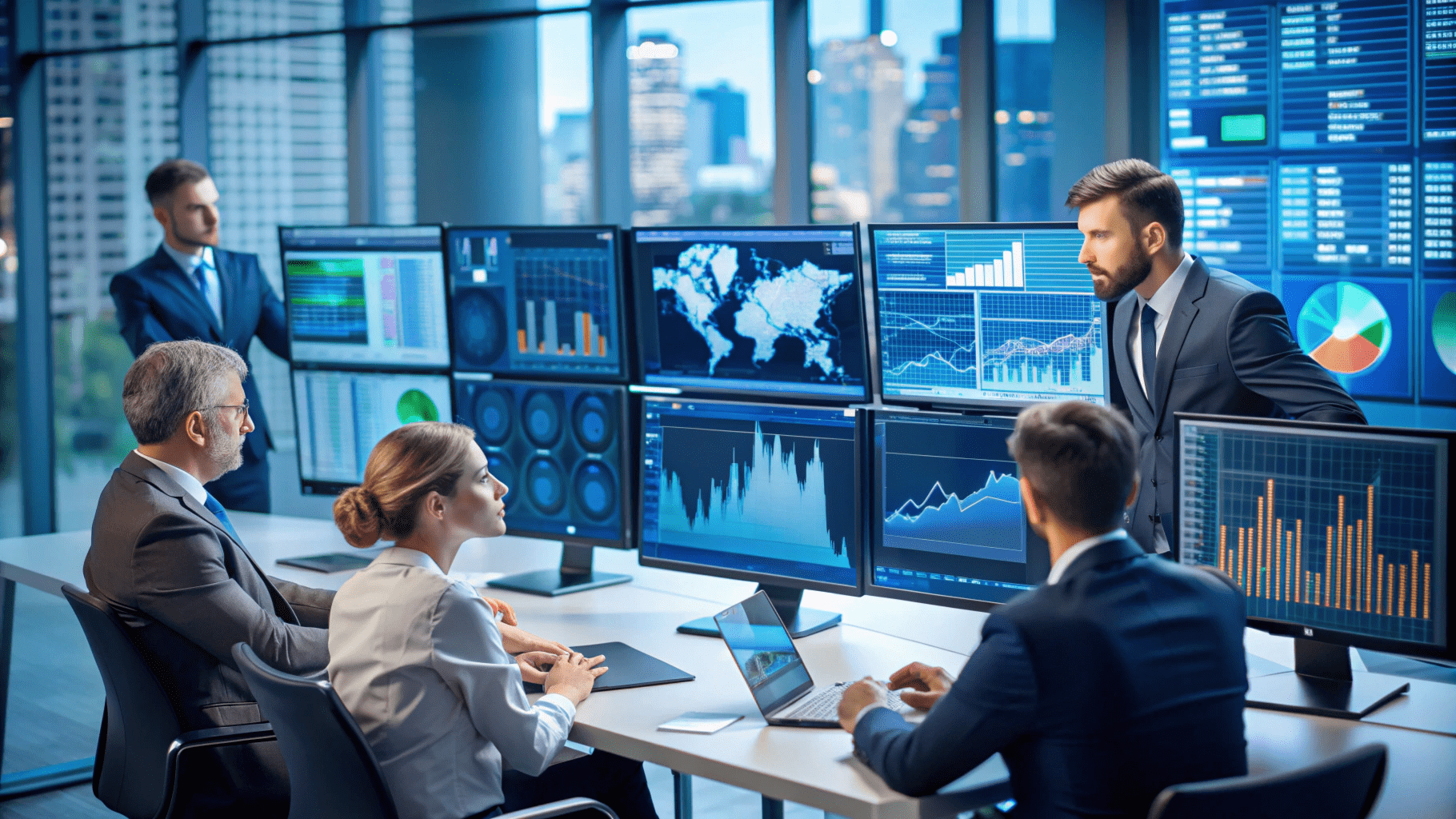 Business professionals in a modern office analyze data on various screens. Charts, graphs, and world maps are displayed on multiple monitors. People engage in discussion and focus on their work