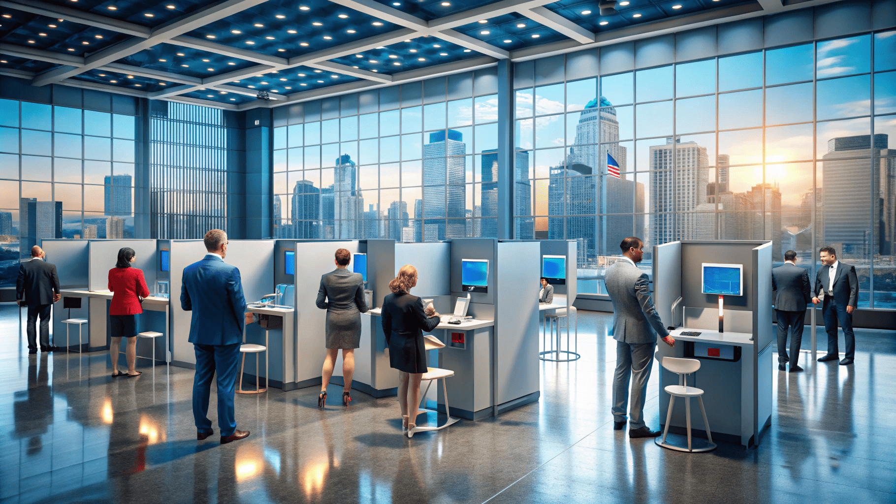 People in business attire work at individual cubicles in a modern office with large windows overlooking a cityscape.