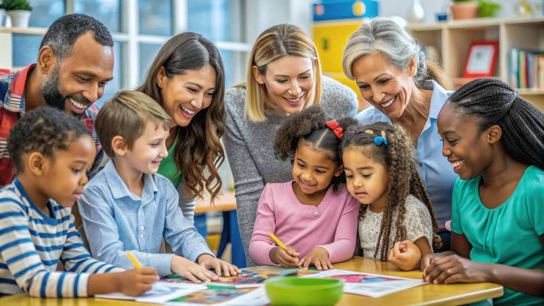 Adults and children gather around a table, engaging in various art activities, surrounded by classroom decorations and supplies