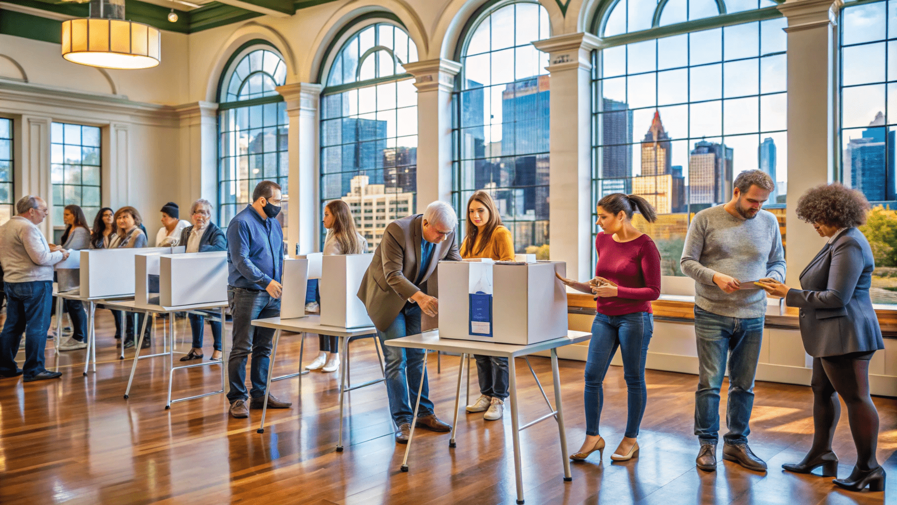 People are gathered at a voting station with booths, casting their ballots; a cityscape is visible through the large arched windows in the background.