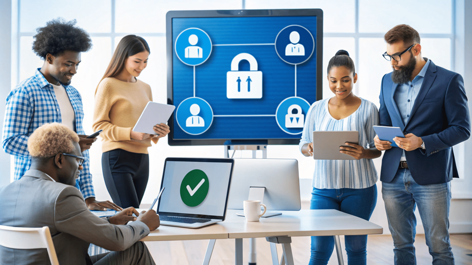 A group of five people collaborate in an office setting. A screen displays security icons, and a laptop on the table shows a green checkmark. Some people hold tablets and documents.