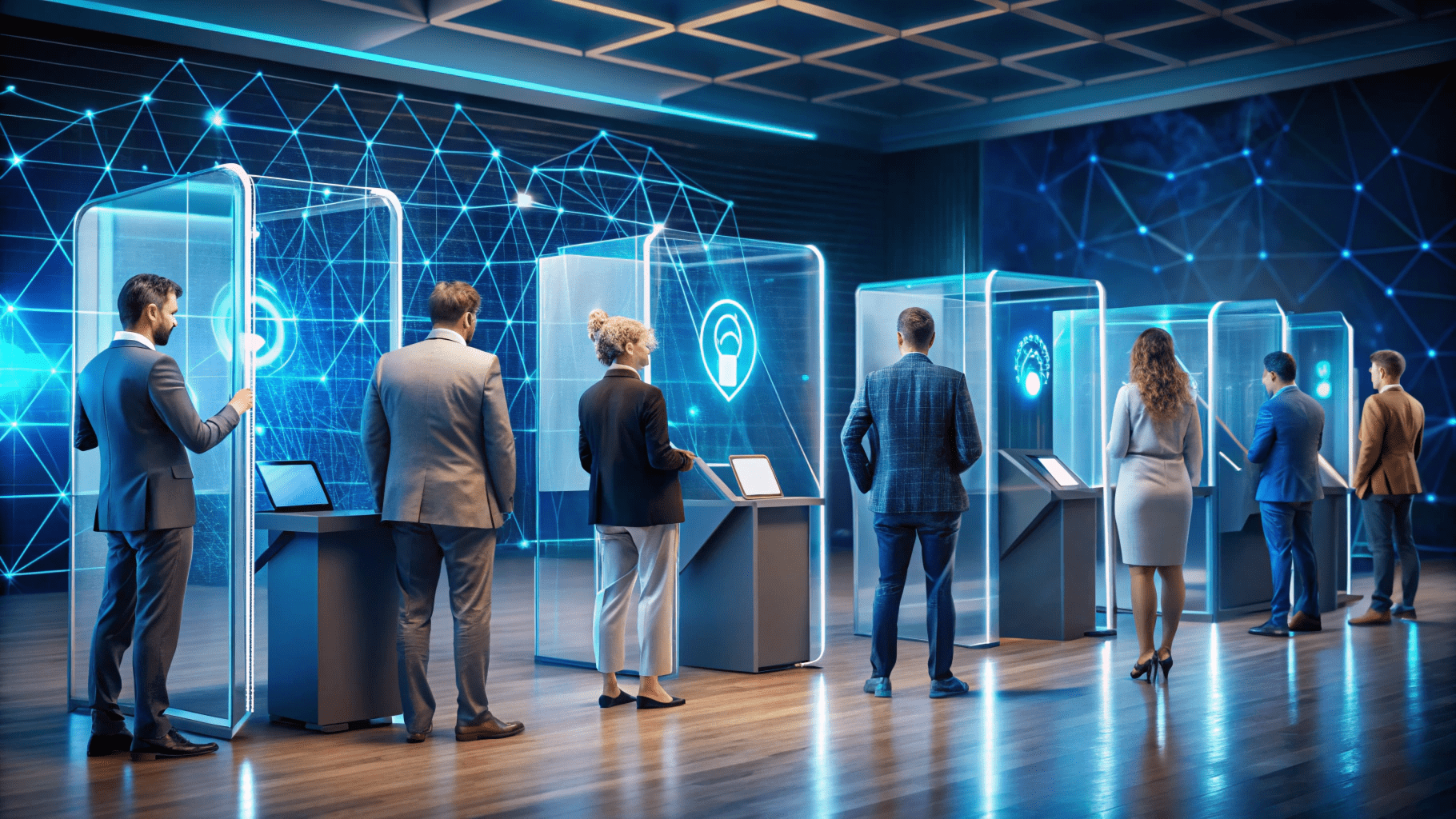 Eight professionals engage with futuristic touchscreens in a sleek, tech-driven environment, highlighting the integration of modern technology in the workplace.