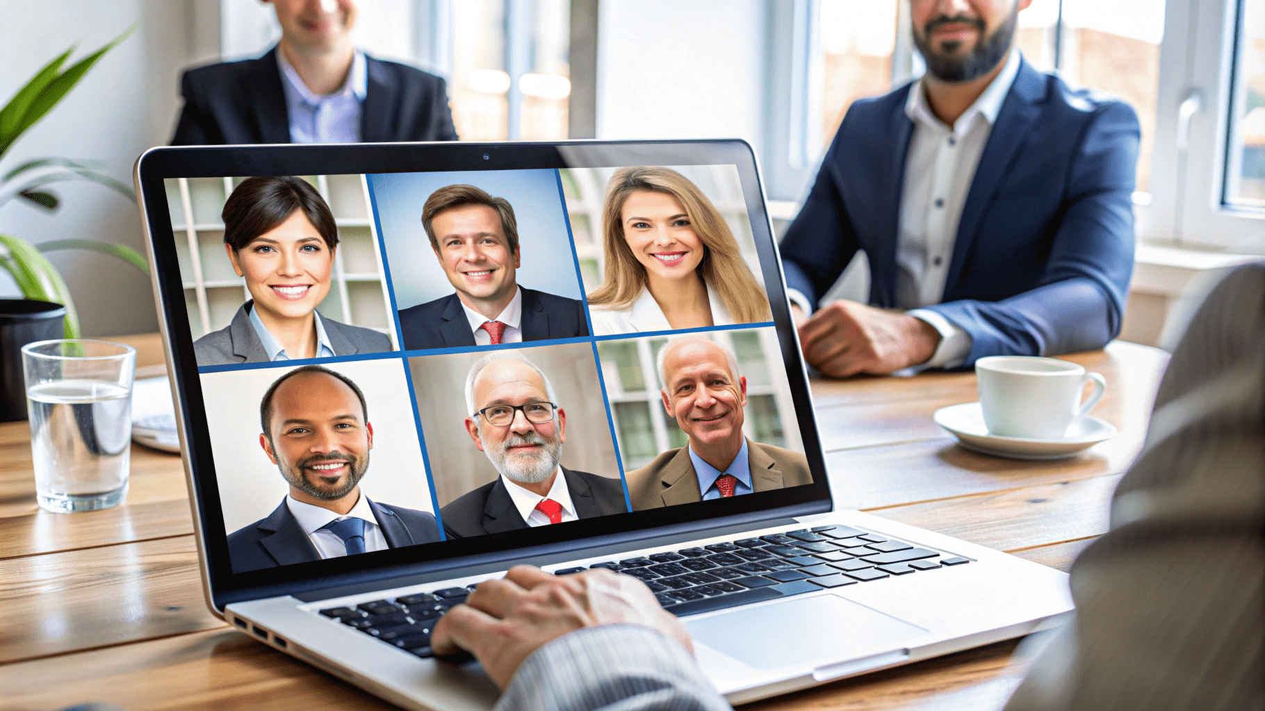 A laptop screen displays a video call with seven participants, featuring six individuals on camera and one person seen from behind working on the laptop, while two people sit at a table in the background.