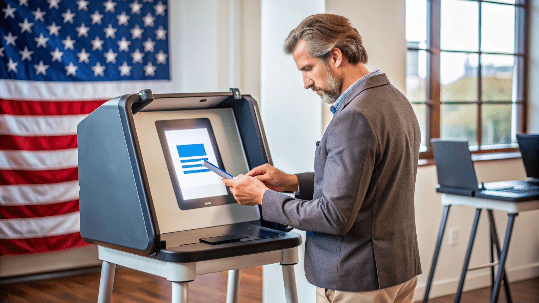 A man in a suit jacket and khakis uses a voting machine in a room with a large American flag and windows in the background.