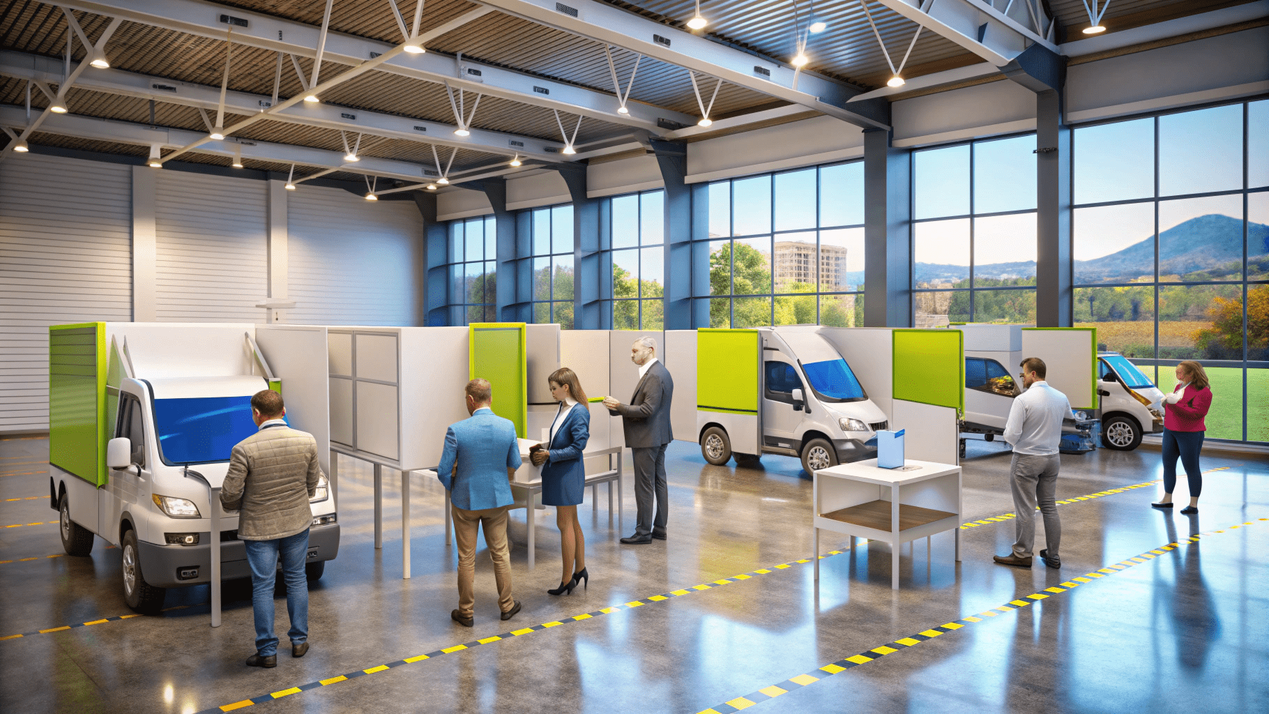 People examining electric delivery vans in a spacious, well-lit industrial showroom with large windows and green partitions