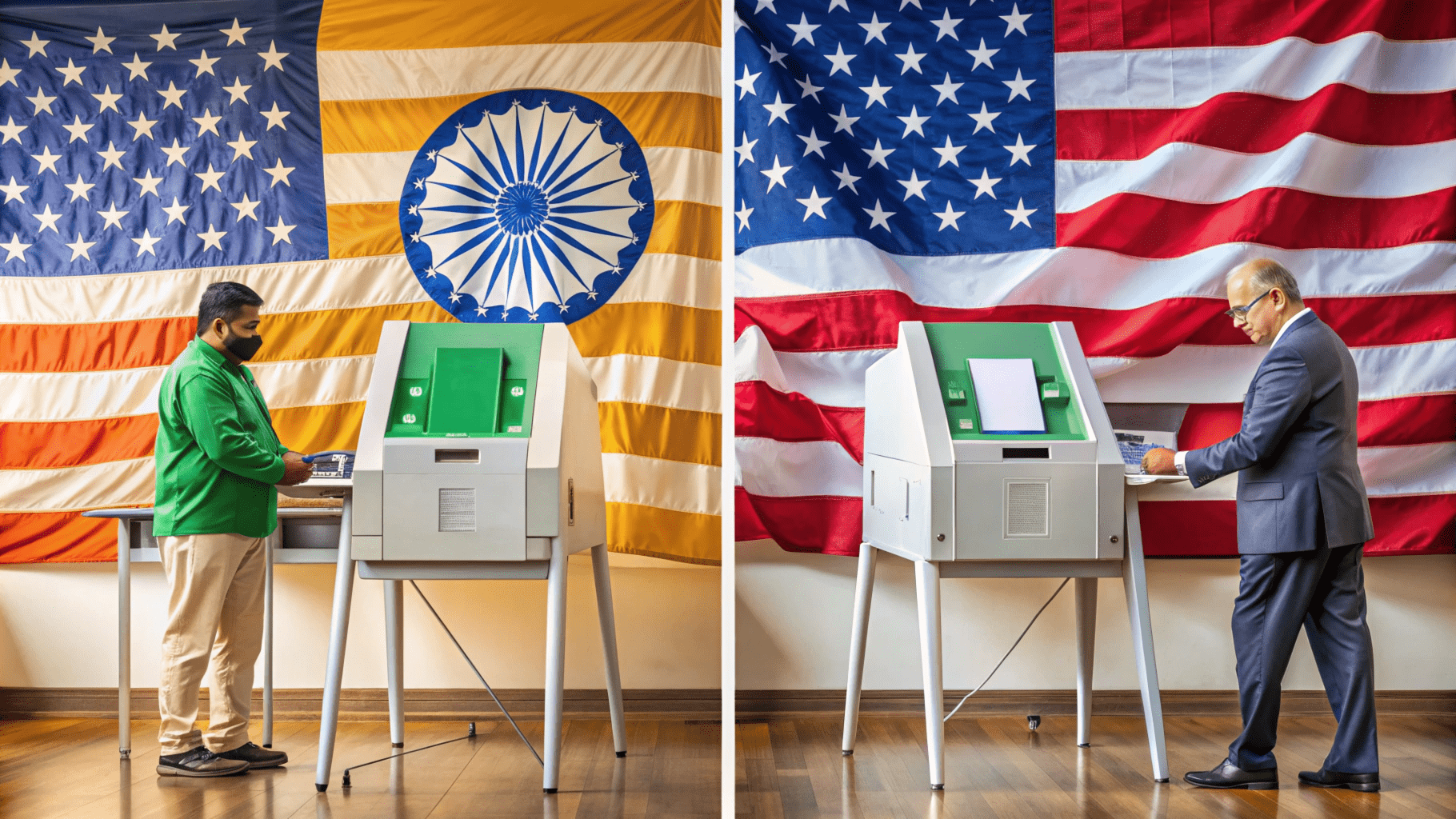 Two individuals are casting votes using electronic voting machines placed in front of the Indian flag (left) and the American flag (right)