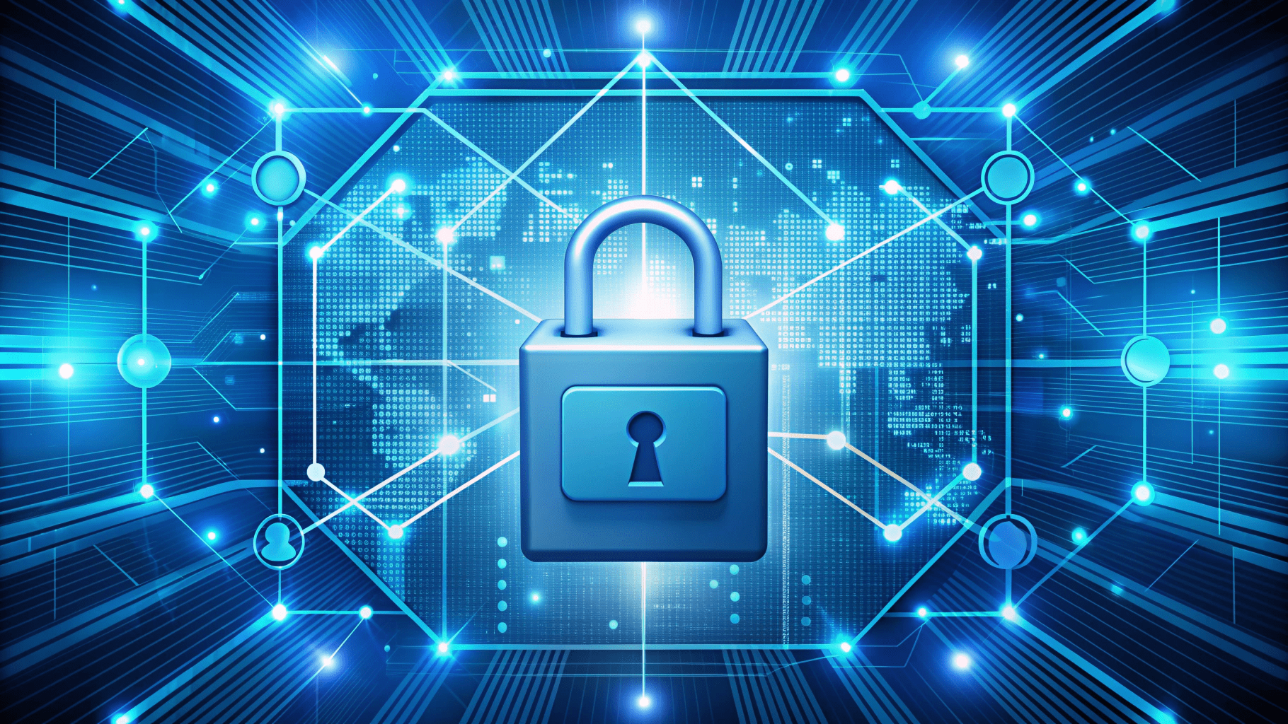 Image of a padlock symbol in front of a digital background with interconnected lines and a faint world map, representing cybersecurity and data protection concepts