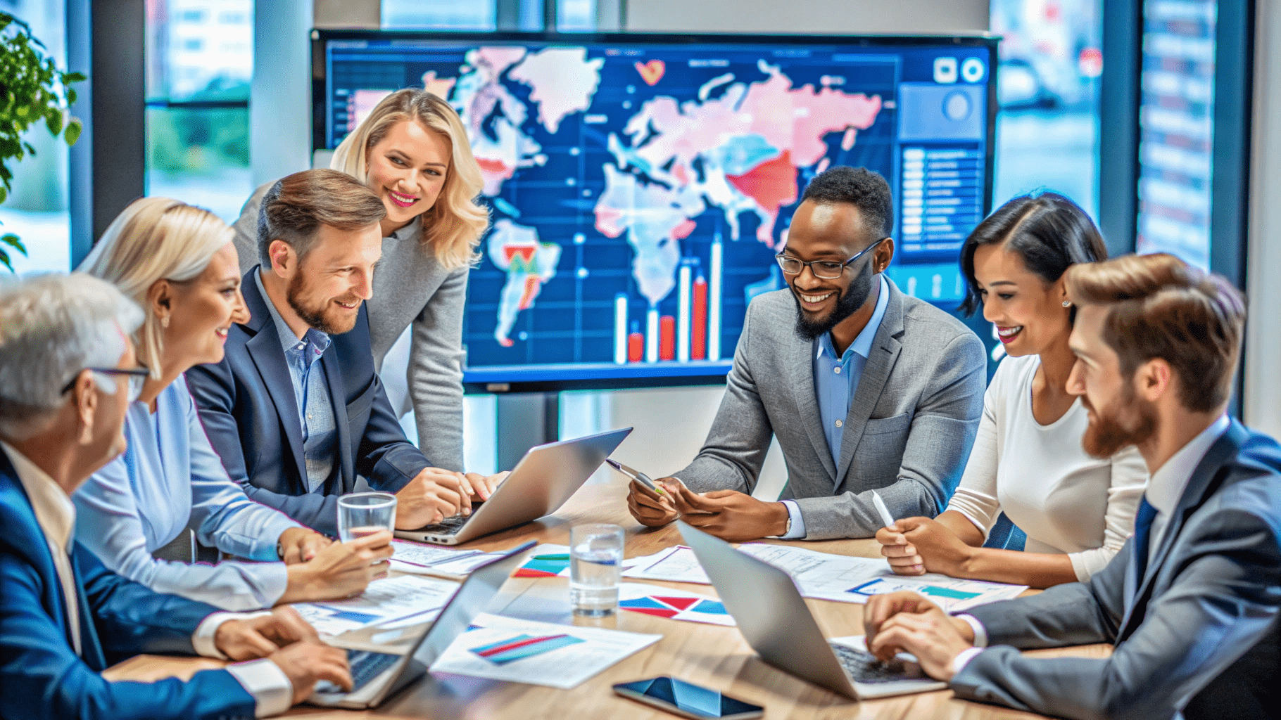 A diverse group of professionals in a meeting room collaborates around a table with laptops, documents, and charts. A world map with data visualizations is displayed on a screen in the background