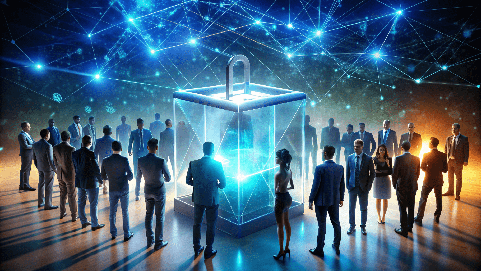 A group of people in business attire stand around a large, glowing transparent cube with a padlock symbol, against a backdrop of interconnected digital lines