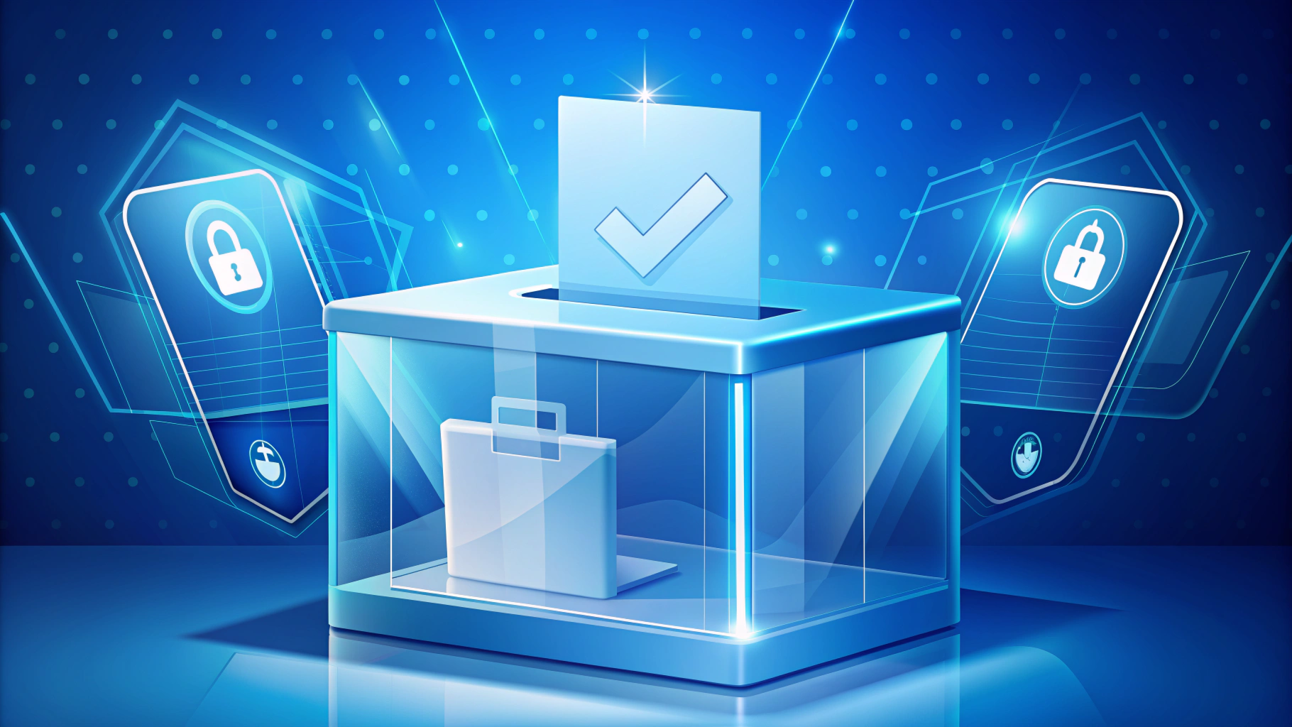 A ballot box with a check-marked paper, digital lock icons, and a secure voting theme in a blue, futuristic design