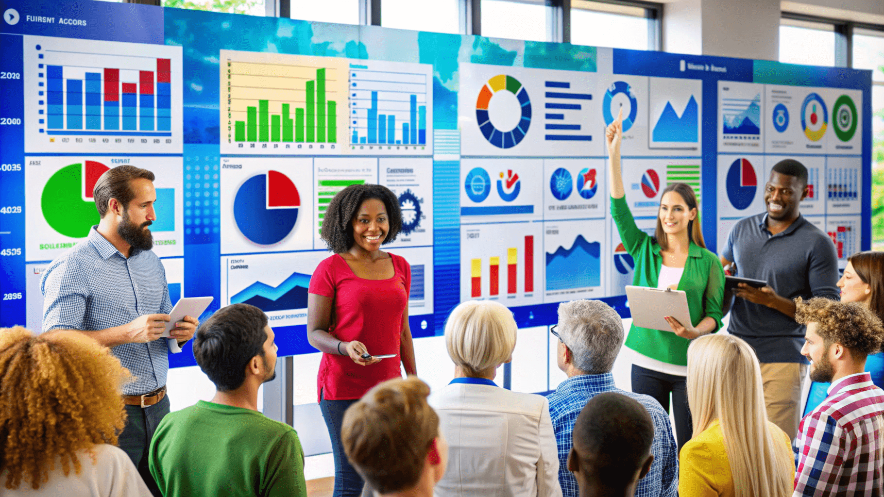 A group of professionals are presenting various charts and graphs on a large screen to an audience. Some are holding tablets and papers, discussing data and engaging with the crowd