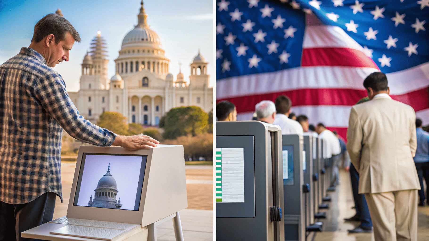 Split image: on left, man at an electronic voting machine with a capitol building in the background; on right, people lining up to vote with a large U.S. flag on the wall