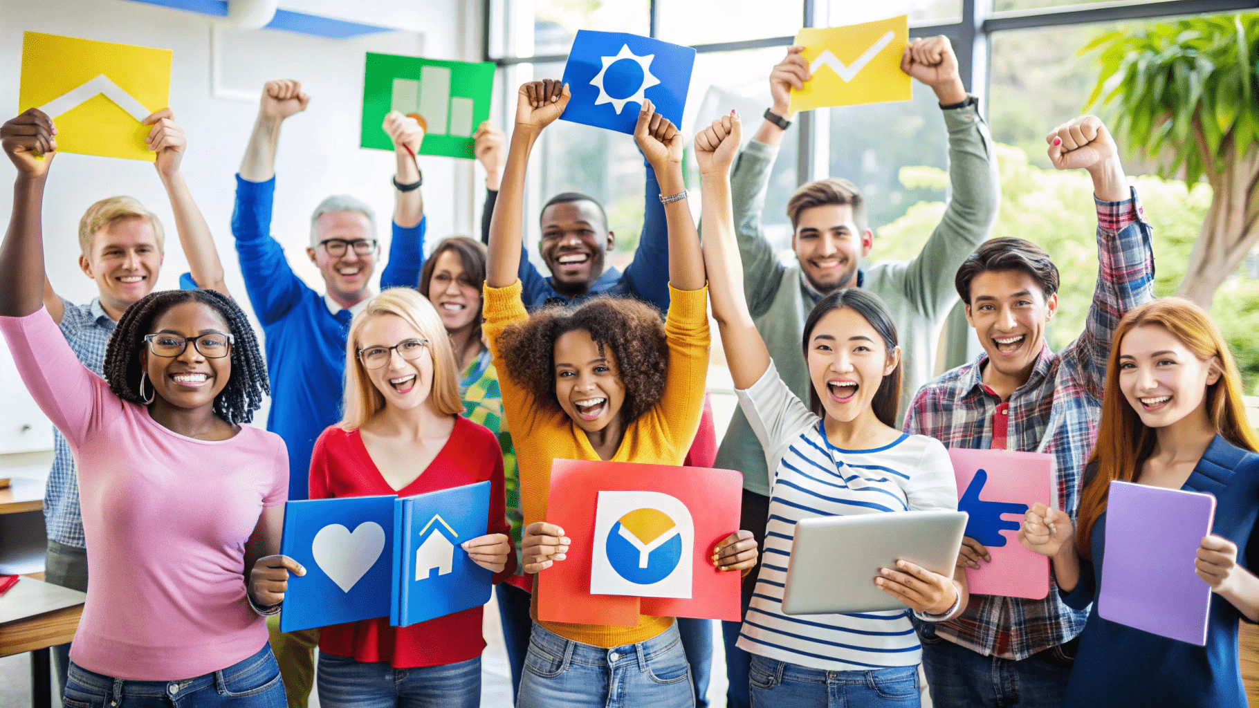 A diverse group of people smile and cheer while holding up colorful charts and icons, including graphs, a house, and a thumbs-up sign, suggesting enthusiasm and collaboration in a professional setting