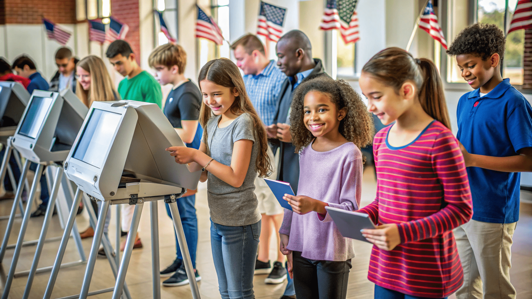 A diverse group of people of various ages stand in line to vote using electronic voting machines, with American flags displayed in the background.