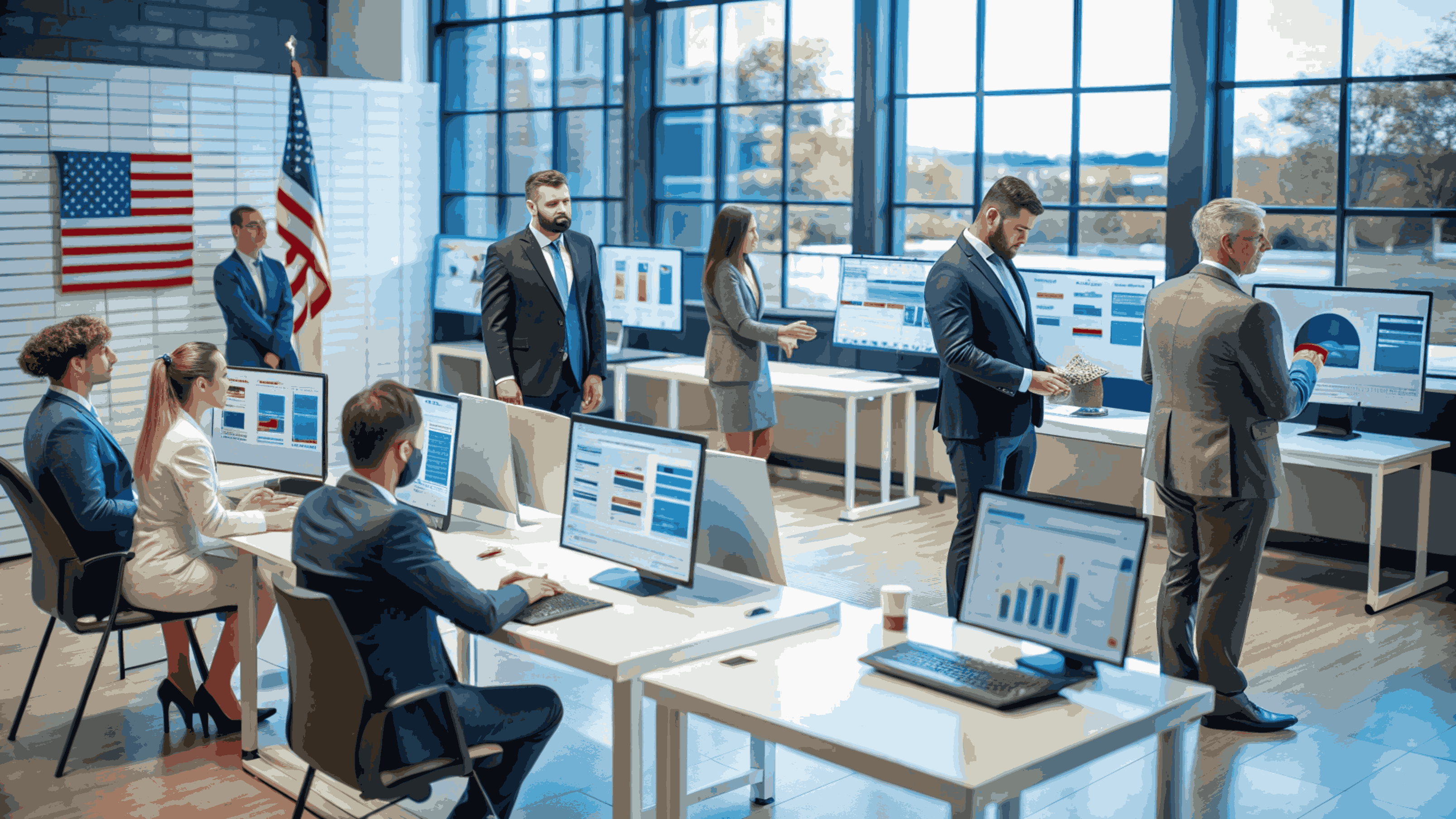 People in business attire are working at computers and standing near screens displaying graphs and charts in a modern office setting with large windows and American flags.