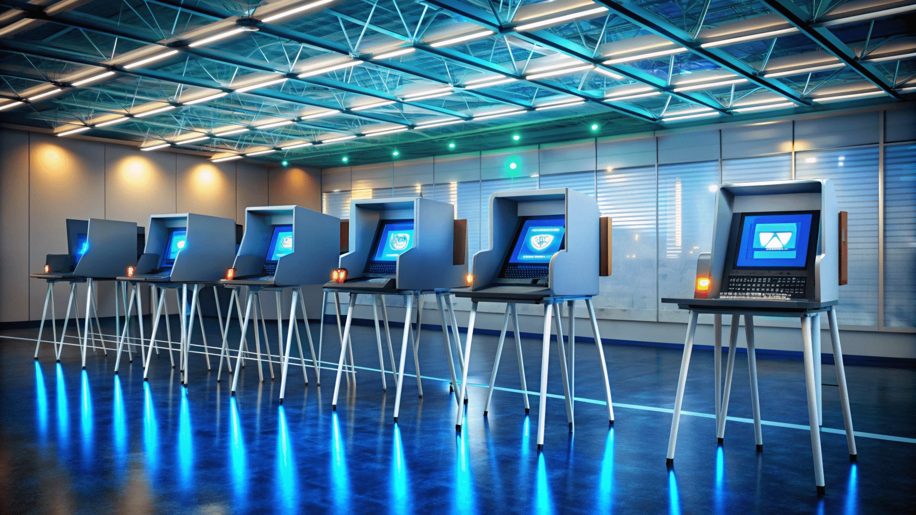 A row of electronic voting machines under a blue-lit ceiling in a modern room, each displaying a different screen