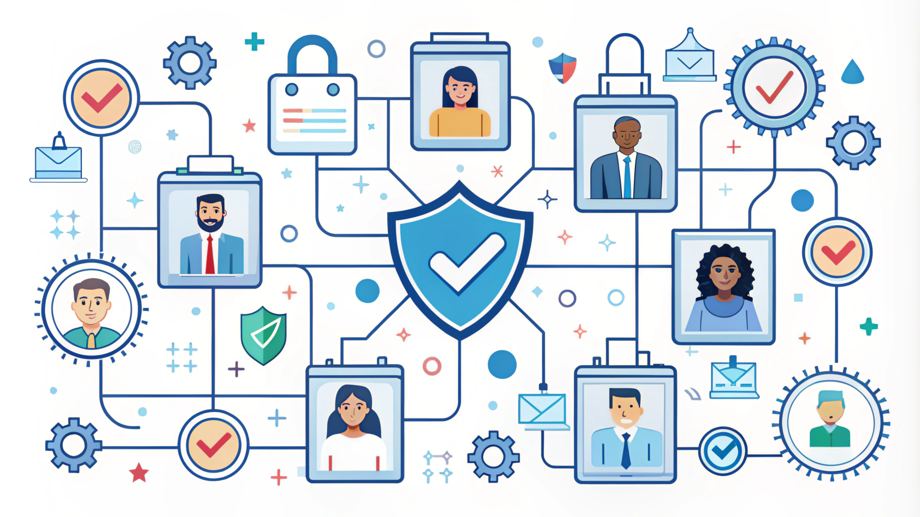 Illustration of interconnected people in a network, featuring security icons such as shields, locks, and check marks, signifying cybersecurity and secure communication.