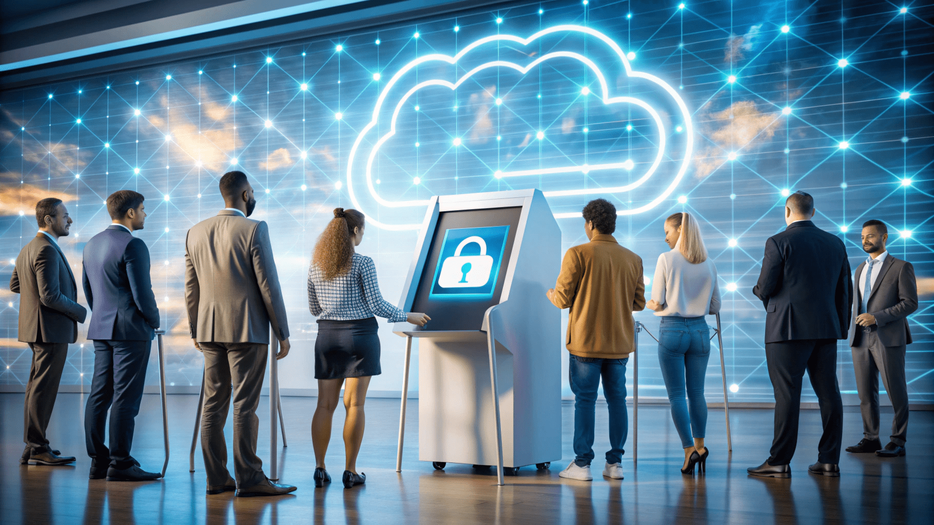 A group of people standing in line to use a digital kiosk with a lock symbol on it, positioned in front of a cloud and network graphic backdrop