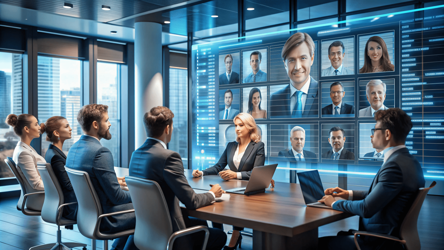 Business meeting with six people seated around a table in a modern office, engaging in a video conference with multiple participants displayed on a large screen