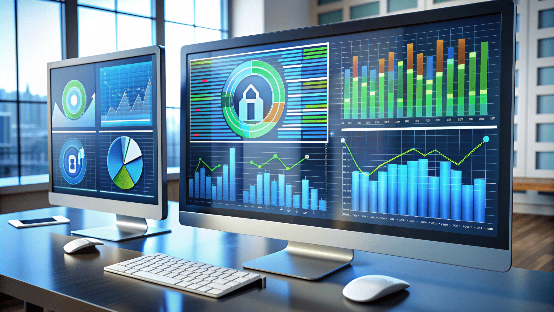 Two computer monitors display various data visualizations, including graphs, charts, and security icons, on a desk with a keyboard and mouse in a bright office setting