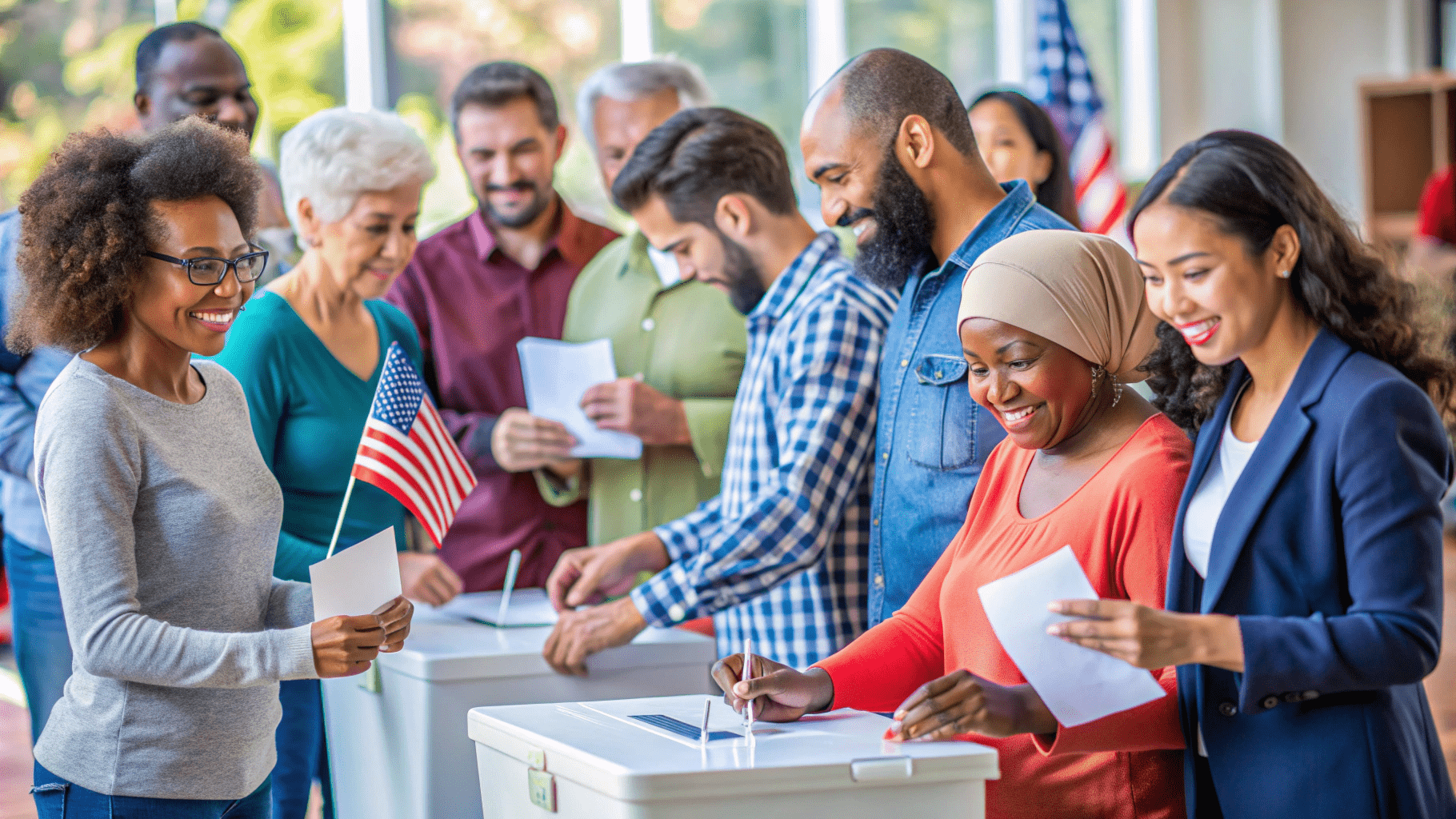 A diverse group of people stands in line and casts their votes at a polling station. Some hold voting ballots and one person holds a small American flag